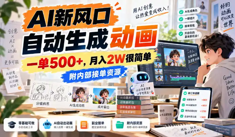 AI新风口，自动生成动画，一单500+，月入2W很简单，附内部接单资源【揭秘】-天梦资源网