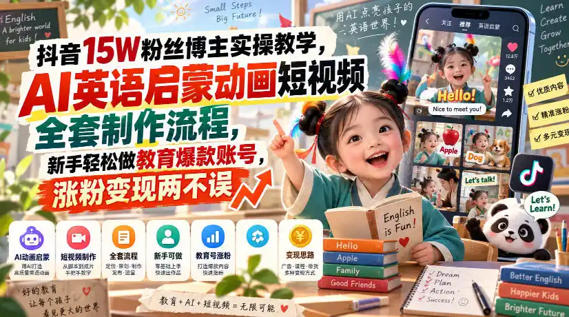 抖音15W粉丝博主实操教学，AI英语启蒙动画短视频全套制作流程，新手轻松做教育爆款账号，涨粉变现两不误-天梦资源网