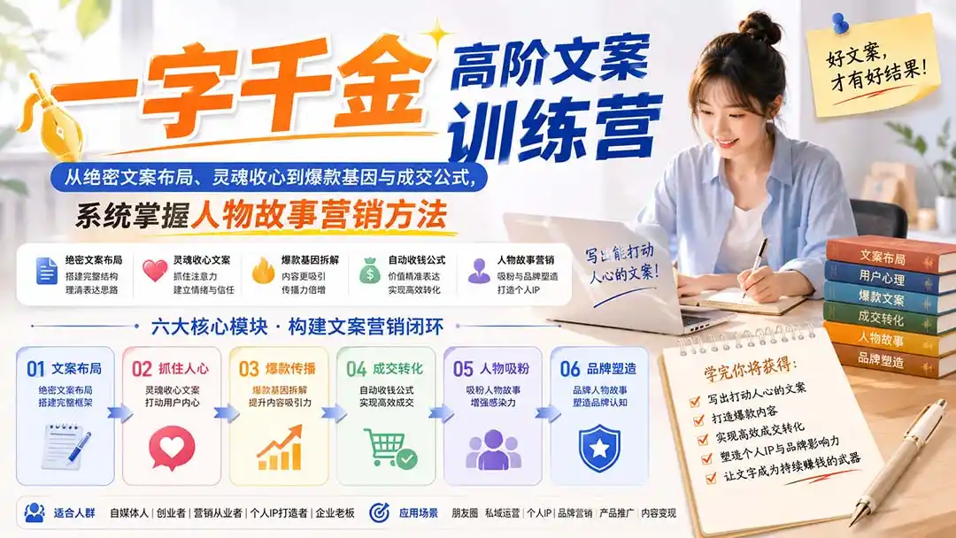 一字千金高阶文案训练营：从绝密文案布局、灵魂收心到爆款基因与成交公式，系统掌握人物故事营销方法-天梦资源网
