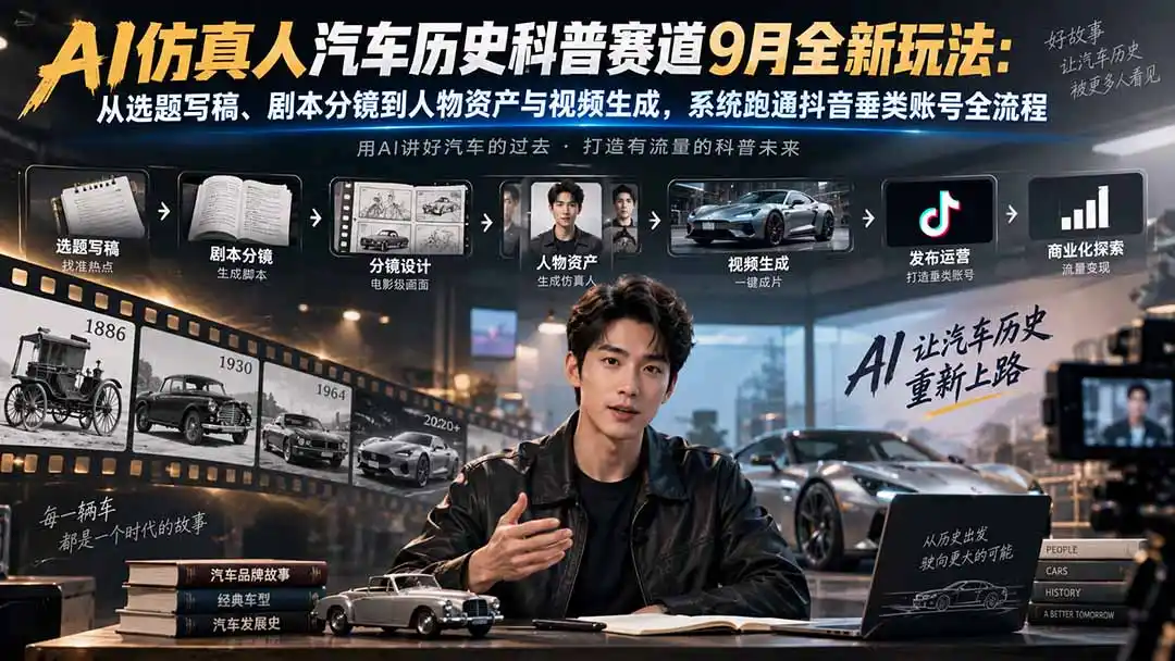 AI仿真人汽车历史科普赛道9月全新玩法：从选题写稿、剧本分镜到人物资产与视频生成，系统跑通抖音垂类账号全流程-天梦资源网