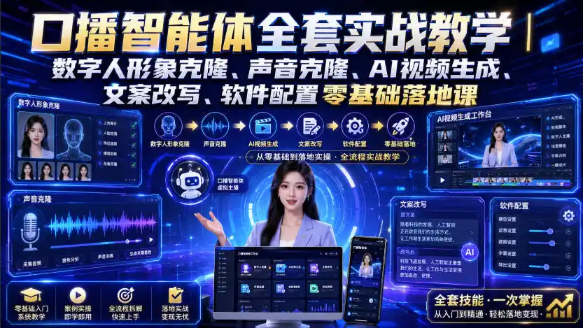 口播智能体全套实战教学｜数字人形象克隆、声音克隆、AI视频生成、文案改写、软件配置零基础落地课-天梦资源网