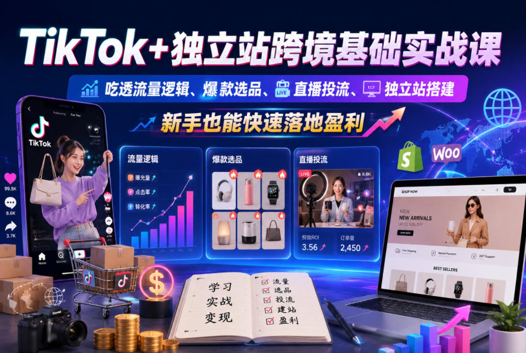 TikTok+独立站跨境基础实战课，吃透流量逻辑、爆款选品、直播投流与独立站搭建，新手也能快速落地盈利-天梦资源网