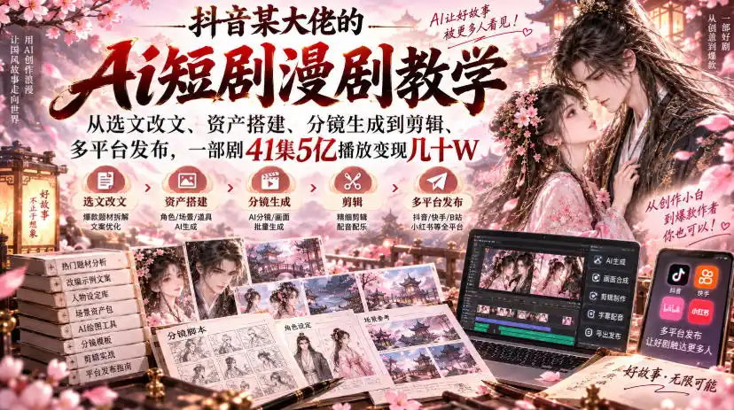 抖音某大佬的Ai短剧漫剧教学，从选文改文、资产搭建、分镜生成到剪辑、多平台发布，一部剧41集5亿播放变现几十W-天梦资源网