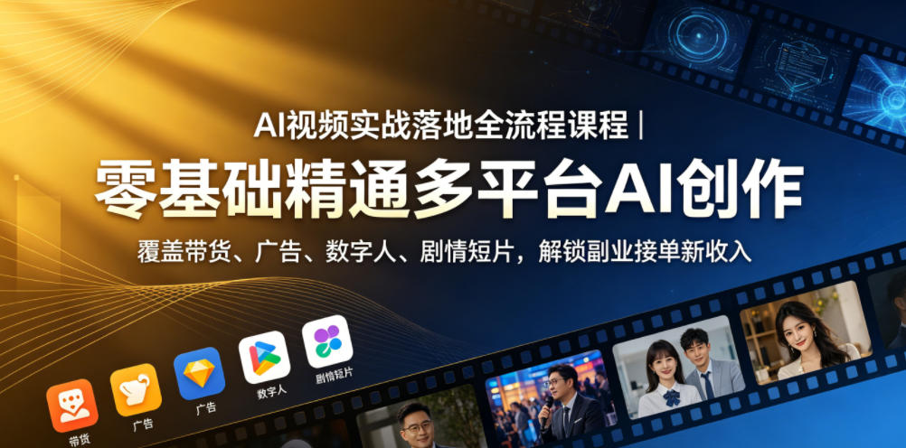 AI视频实战落地全流程课程｜零基础精通多平台AI创作，覆盖带货、广告、数字人、剧情短片，解锁副业接单新收入-天梦资源网