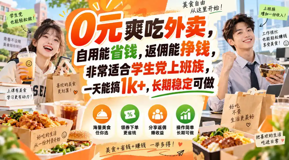 0元爽吃外卖，自用能省钱，返佣能挣钱，非常适合学生党上班族，一天能搞1k+，长期稳定可做-天梦资源网