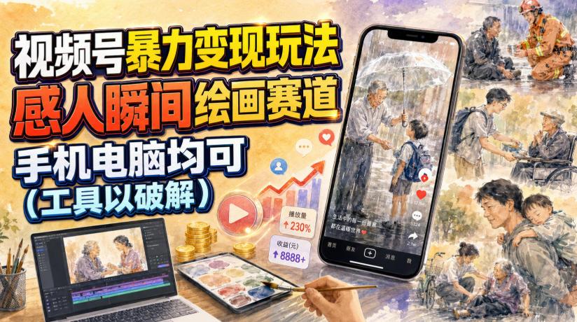 视频号暴力变现玩法，感人瞬间绘画赛道，手机电脑均可-天梦资源网