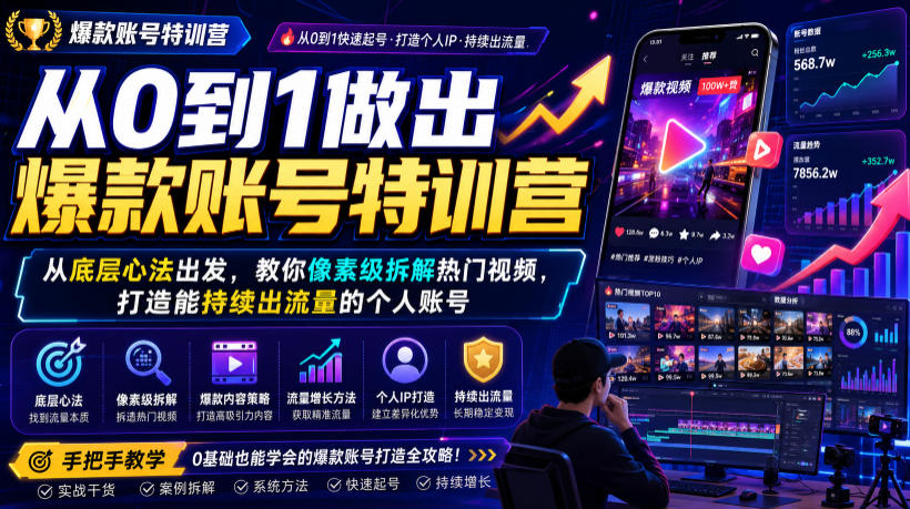 从0到1做出爆款账号特训营，从底层心法出发，教你像素级拆解热门视频，打造能持续出流量的个人账号-天梦资源网