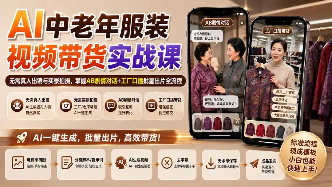 AI中老年服装视频带货实战课：无需真人出镜与实景拍摄，掌握AB剧情对话+工厂口播批量出片全流程-天梦资源网