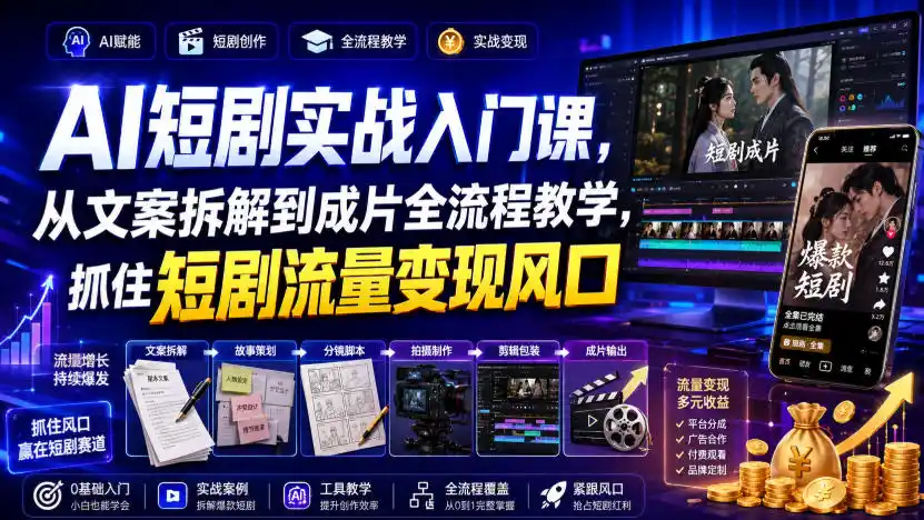 AI短剧实战入门课，从文案拆解到成片全流程教学，抓住短剧流量变现风口-天梦资源网