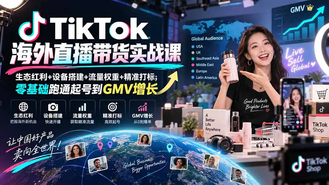 TikTok海外直播带货实战课｜生态红利+设备搭建+流量权重+精准打标，零基础跑通起号到GMV增长-天梦资源网