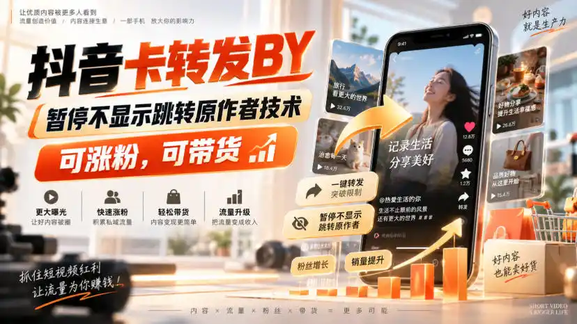 抖音卡转发搬运，暂停不显示跳转原作者技术，可涨粉，可带货-天梦资源网