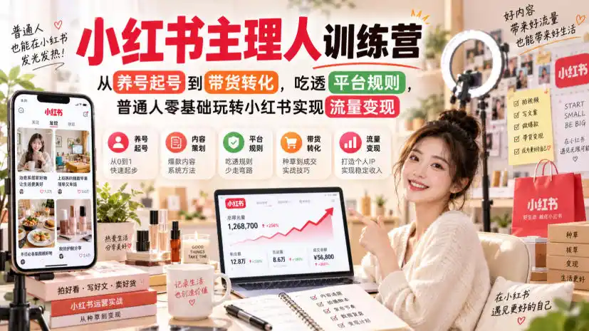 小红书主理人训练营，从养号起号到带货转化，吃透平台规则，普通人零基础玩转小红书实现流量变现-天梦资源网