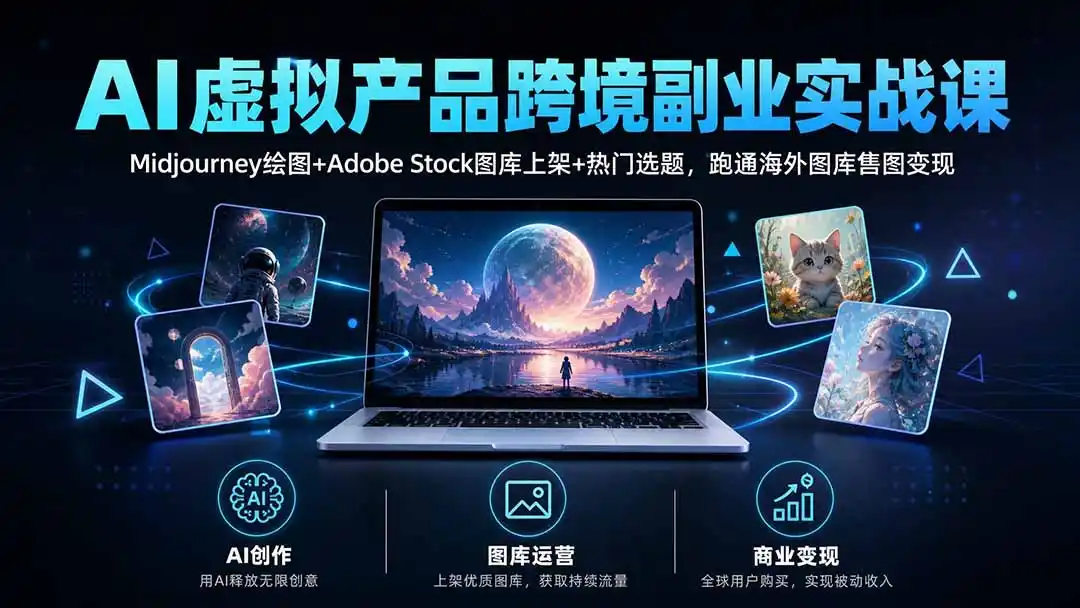 AI虚拟产品跨境副业实战课｜Midjourney绘图+Adobe Stock图库上架+热门选题，跑通海外图库售图变现-天梦资源网