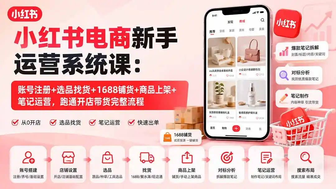 小红书电商新手运营系统课：账号注册+选品找货+1688铺货+商品上架+笔记运营，跑通开店带货完整流程-天梦资源网