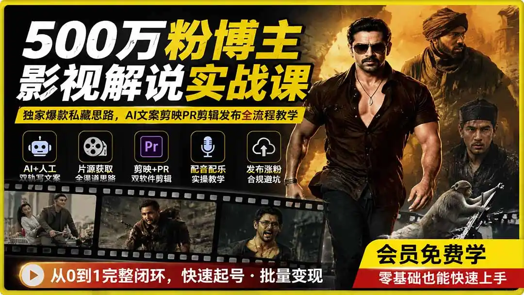 500万粉博主影视解说实战课｜独家爆款私藏思路，AI文案剪映PR剪辑发布全流程教学-天梦资源网