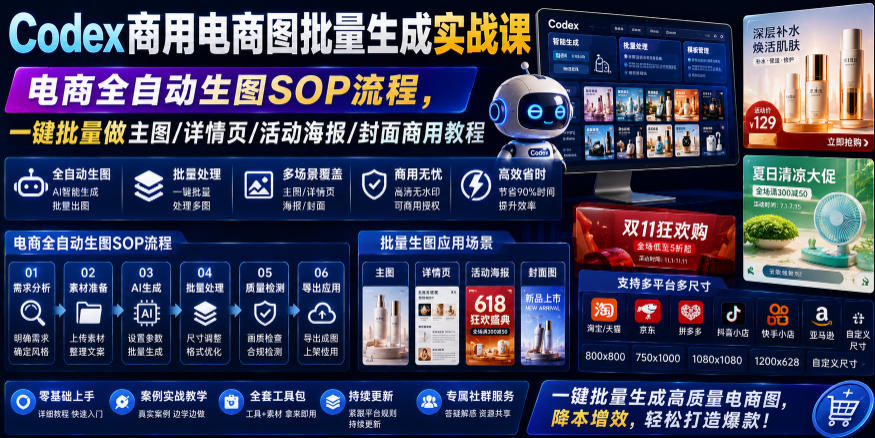 Codex商用电商图批量生成实战课｜电商全自动生图SOP流程，一键批量做主图/详情页/活动海报/封面商用教程-天梦资源网