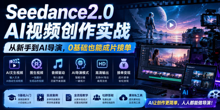 Seedance2.0 AI视频创作实战，从新手到AI导演，0基础也能成片接单变现-天梦资源网