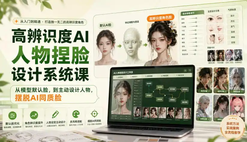 高辨识度AI人物捏脸设计系统课，从模型默认脸，到主动设计人物，摆脱AI同质脸-天梦资源网