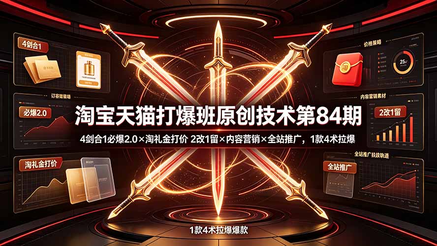 淘宝天猫打爆班原创技术第84期：4剑合1必爆2.0×淘礼金打价×2改1留×内容营销×全站推广，1款4术拉爆-天梦资源网