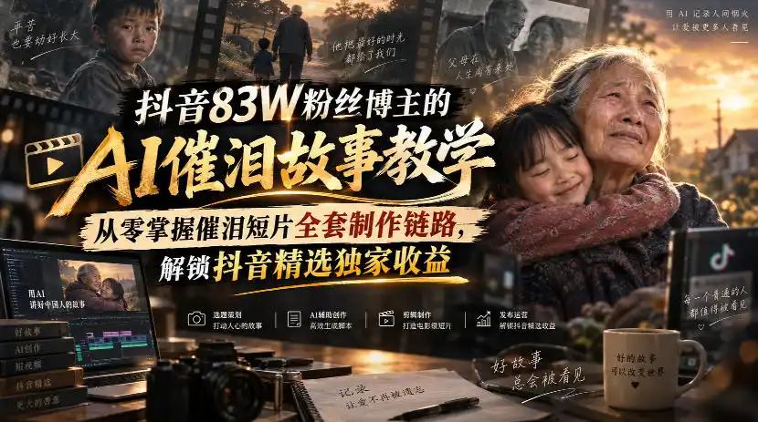 抖音83W粉丝博主的AI催泪故事教学，从零掌握催泪短片全套制作链路，解锁抖音精选独家收益-天梦资源网