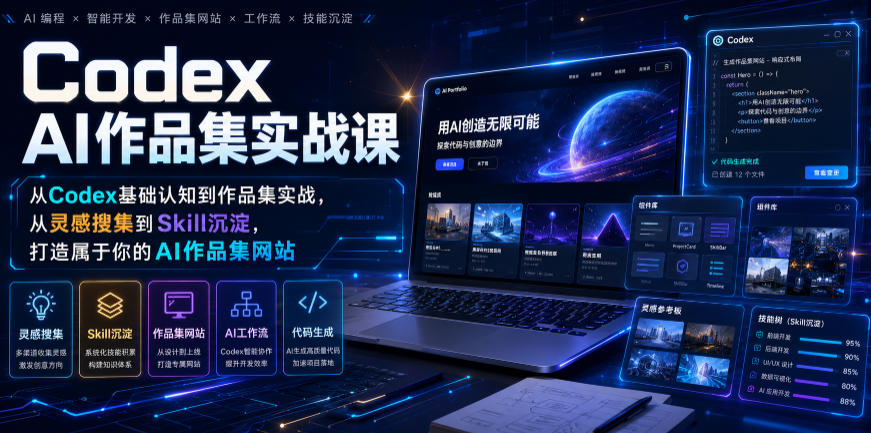 Codex AI作品集实战课，从Codex基础认知到作品集实战，从灵感搜集到Skill沉淀，打造属于你的AI作品集网站-天梦资源网