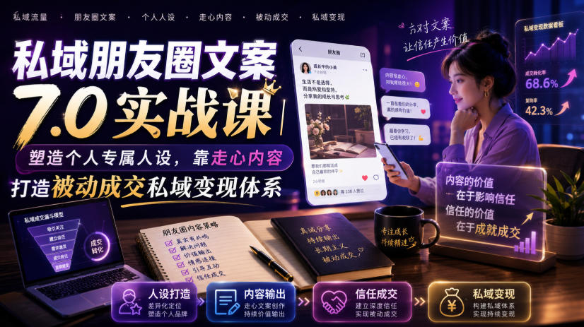 私域朋友圈文案7.0实战课｜塑造个人专属人设，靠走心内容打造被动成交私域变现体系-天梦资源网