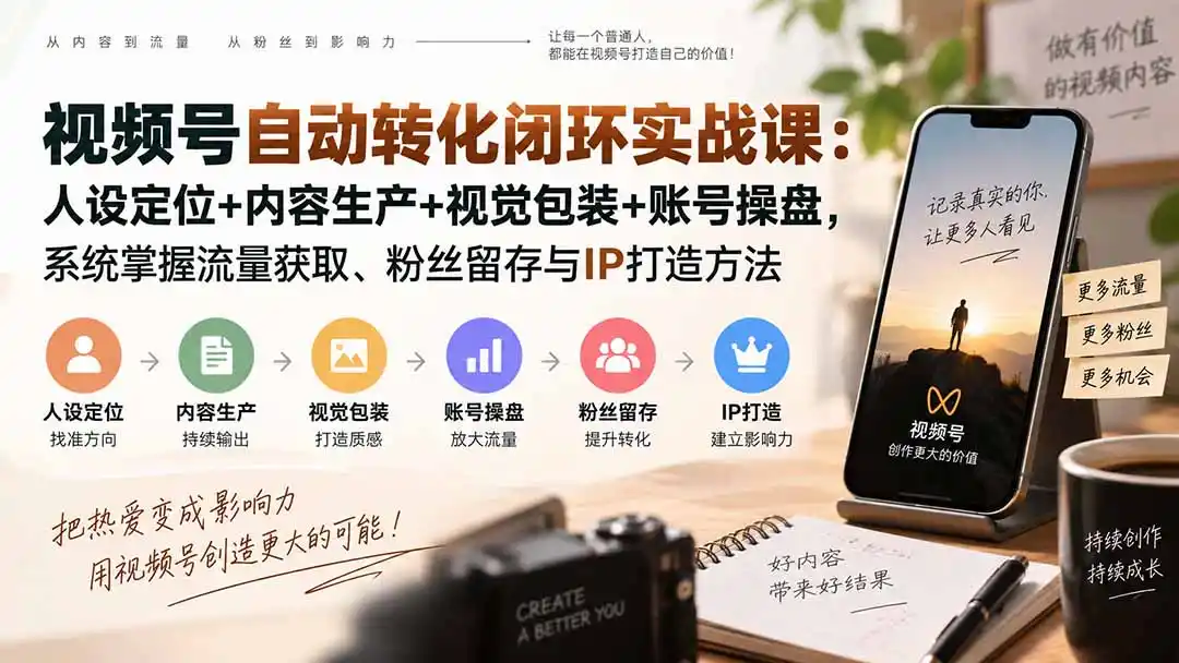 视频号自动转化闭环实战课：人设定位+内容生产+视觉包装+账号操盘，系统掌握流量获取、粉丝留存与IP打造方法-天梦资源网