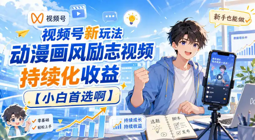 视频号新玩法动漫画风励志视频，持续化收益【小白首选啊】-天梦资源网