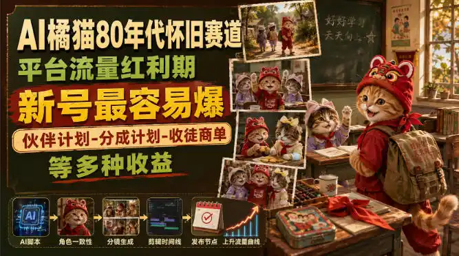 AI橘猫80年代怀旧赛道，平台流量红利期，新号最容易爆，伙伴计划-分成计划-收徒商单等多种收益-天梦资源网