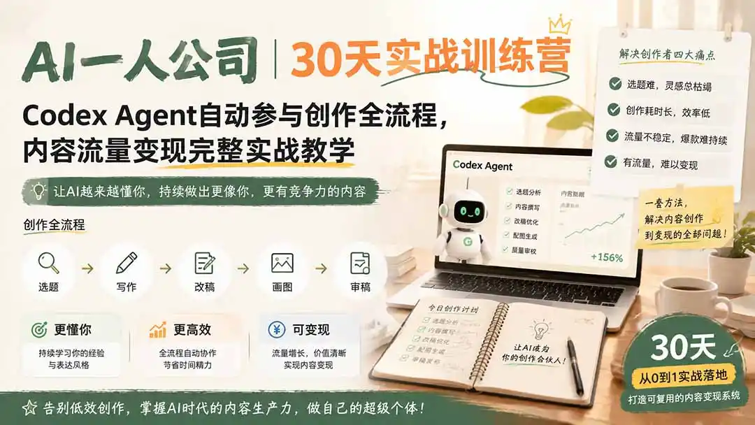 AI一人公司｜30天实战训练营；Codex Agent自动参与创作全流程，内容流量变现完整实战教学-天梦资源网