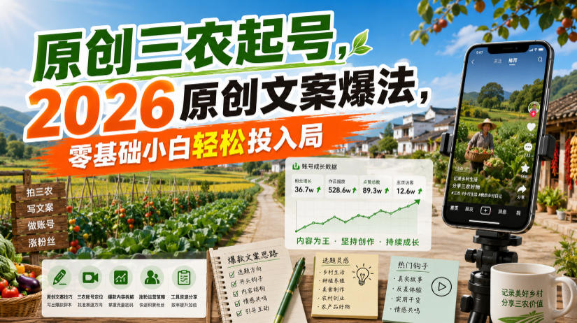 原创三农起号，2026原创文案爆法，零基础小白轻松投入局-天梦资源网