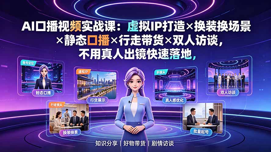 AI口播视频实战课：虚拟IP打造×换装换场景×静态口播×行走带货×双人访谈，不用真人出镜快速落地-天梦资源网