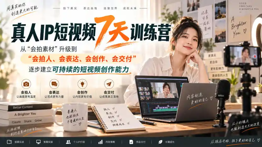 真人IP短视频7天训练营，从“会拍素材”升级到“会拍人、会表达、会创作、会交付”，逐步建立可持续的短视频创作能力-天梦资源网