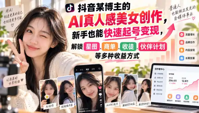 抖音某博主的AI真人感美女创作，新手也能快速起号变现，解锁星图，商单，收徒，伙伴计划等多种收益方式-天梦资源网