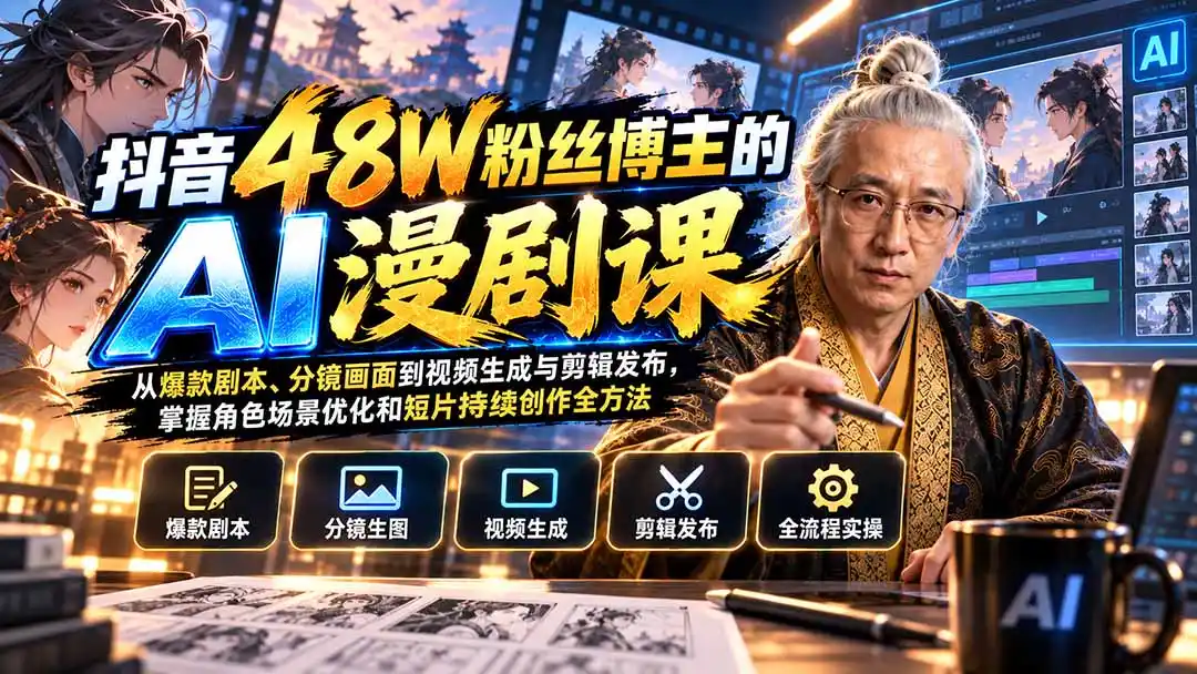 抖音48W粉丝博主的AI漫剧课：从爆款剧本、分镜画面到视频生成与剪辑发布，掌握角色场景优化和短片持续创作全方法-天梦资源网