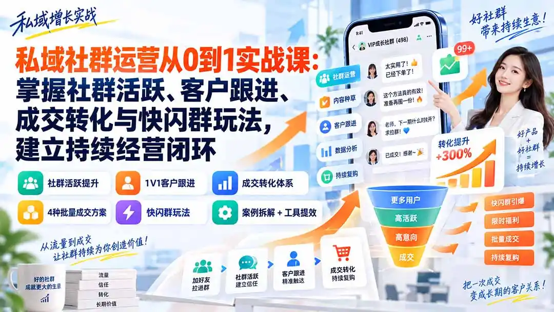 私域社群运营从0到1实战课：掌握社群活跃、客户跟进、成交转化与快闪群玩法，建立持续经营闭环-天梦资源网