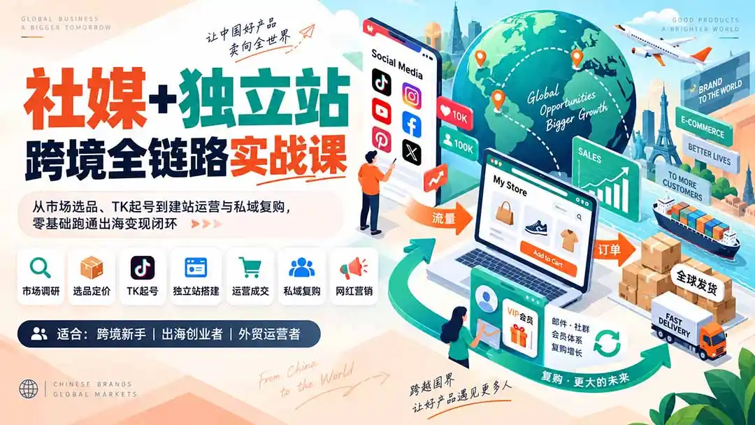 社媒+独立站跨境全链路实战课：从市场选品、TK起号到建站运营与私域复购，零基础跑通出海变现闭环-天梦资源网