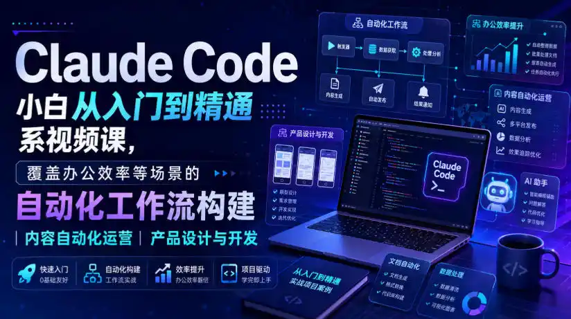Claude Code小白从入门到精通系视频课，覆盖办公效率等场景的自动化工作流构建|内容自动化运营|产品设计与开发-天梦资源网
