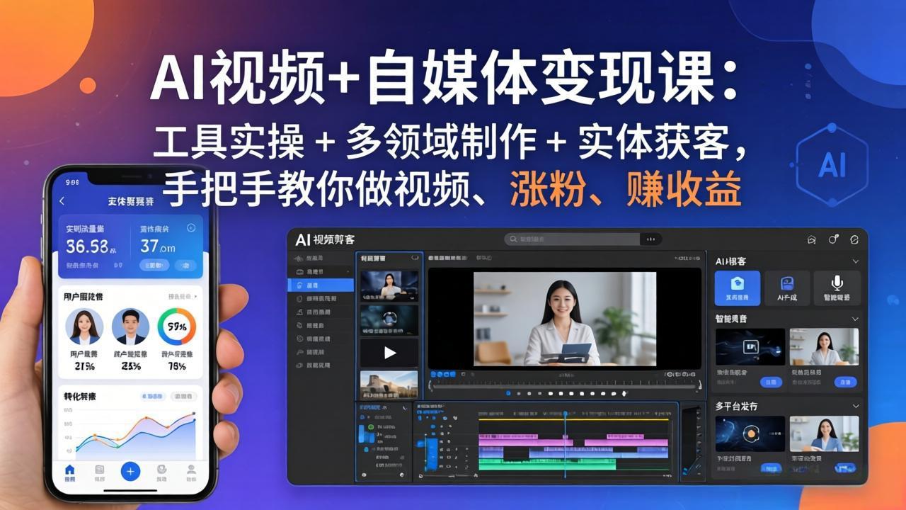 AI视频+自媒体变现课：工具实操 + 多领域制作 + 实体获客，手把手教你做视频、涨粉、赚收益-天梦资源网