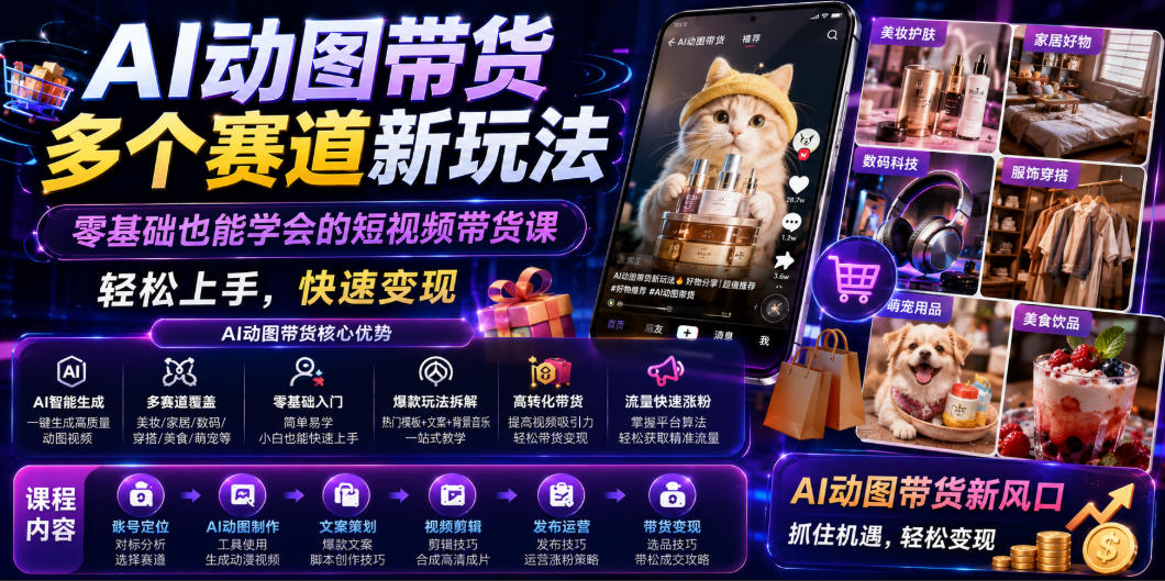 AI动图带货多个赛道新玩法，零基础也能学会的短视频带货课，轻松上手，快速变现-天梦资源网