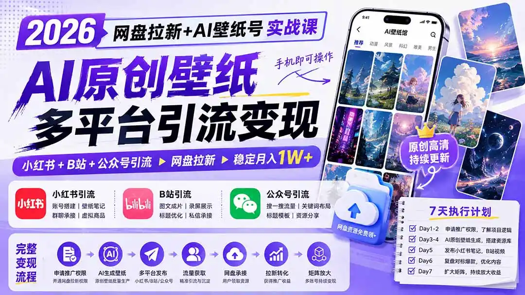 2026网盘拉新+AI壁纸号实战课：AI原创壁纸+小红书+B站+公众号引流，手机即可操作，月入1W+-天梦资源网
