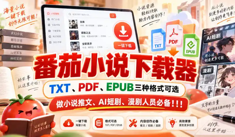 番茄小说下载器，TXT、PDF、EPUB三种格式可选，做小说推文、AI短剧、漫剧人员必备！！！-天梦资源网