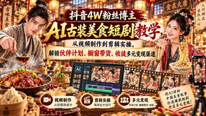 抖音4W粉丝博主AI古装美食短剧教学，从视频制作到剪辑实操，解锁伙伴计划、橱窗带货、收徒多元变现渠道-天梦资源网