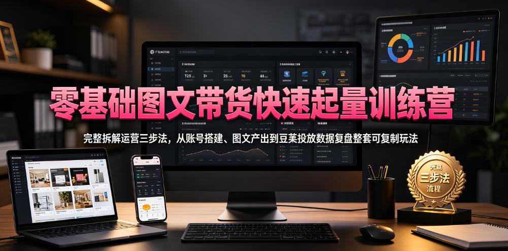 零基础图文带货快速起量训练营，完整拆解运营三步法，从账号搭建、图文产出到豆荚投放数据复盘整套可复制玩法-天梦资源网