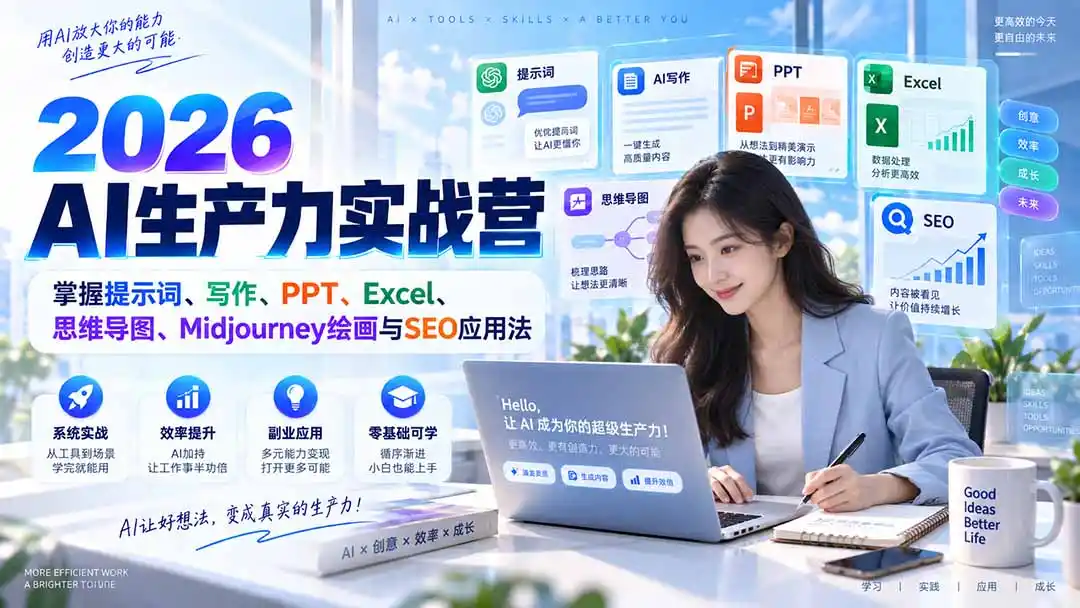 2026AI生产力实战营：掌握提示词、写作、PPT、Excel、思维导图、Midjourney绘画与SEO应用法-天梦资源网