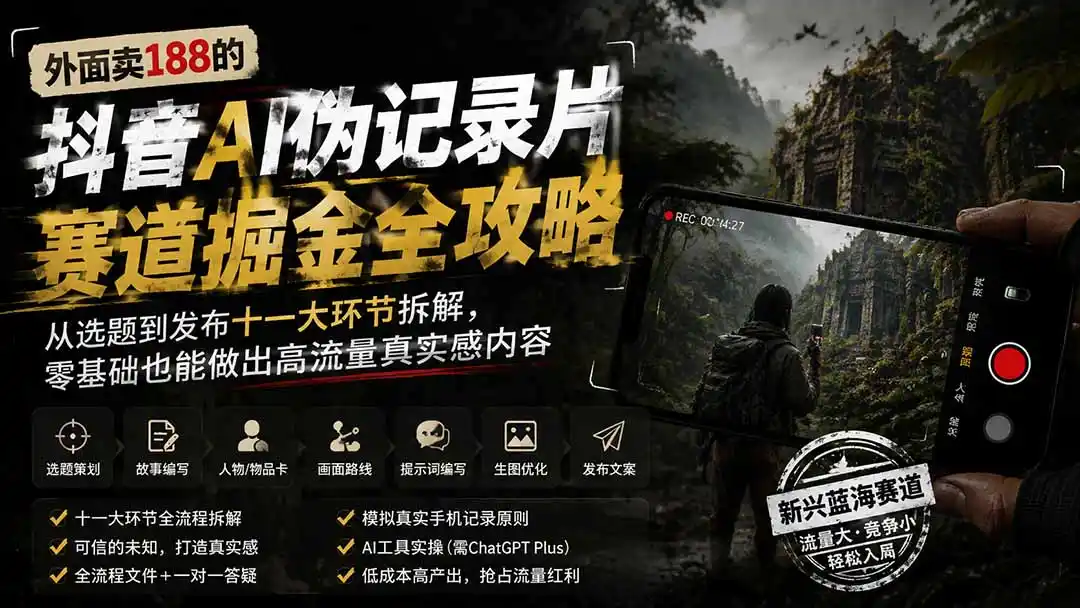 外面卖188的抖音AI伪记录片赛道掘金全攻略；从选题到发布十一大环节拆解，零基础也能做出高流量真实感内容-天梦资源网