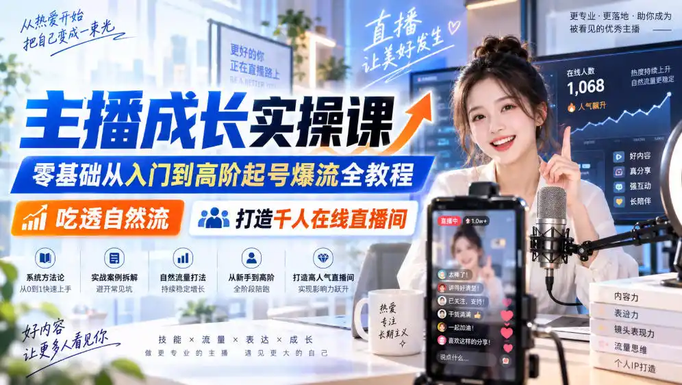 主播成长实操课｜零基础从入门到高阶起号爆流全教程，吃透自然流，打造千人在线直播间-天梦资源网