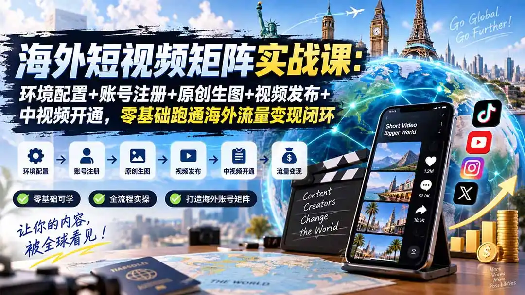 海外短视频矩阵实战课：环境配置+账号注册+原创生图+视频发布+中视频开通，零基础跑通海外流量变现闭环-天梦资源网