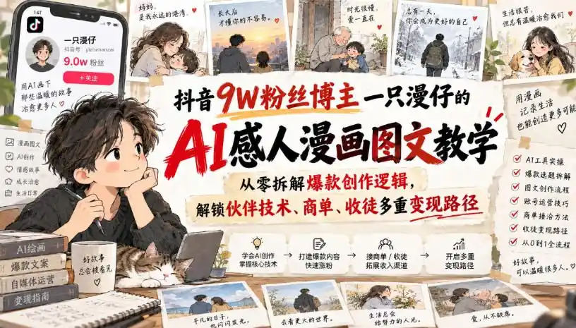 抖音9W粉丝博主一只漫仔的AI感人漫画图文教学，从零拆解爆款创作逻辑，解锁伙伴技术、商单、收徒多重变现路径-天梦资源网