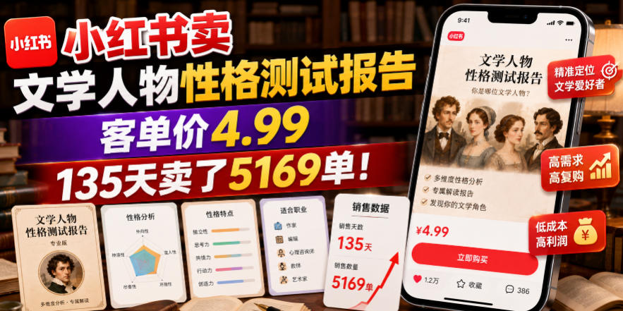 小红书卖文学人物性格测试报告，客单价4.99，135天卖了5169单！-天梦资源网